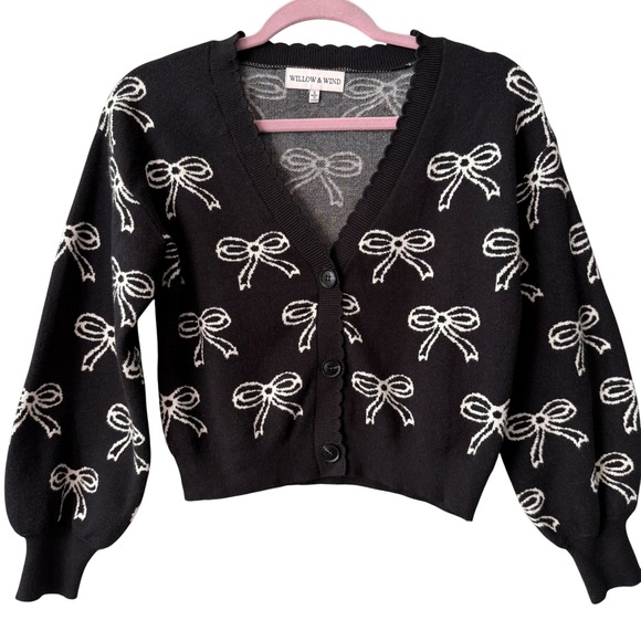 Willow‎ & Wind Bow Knit Cardigan Ribbon Black Sweater Cute Girly Preppy Small - Picture 5 of 5